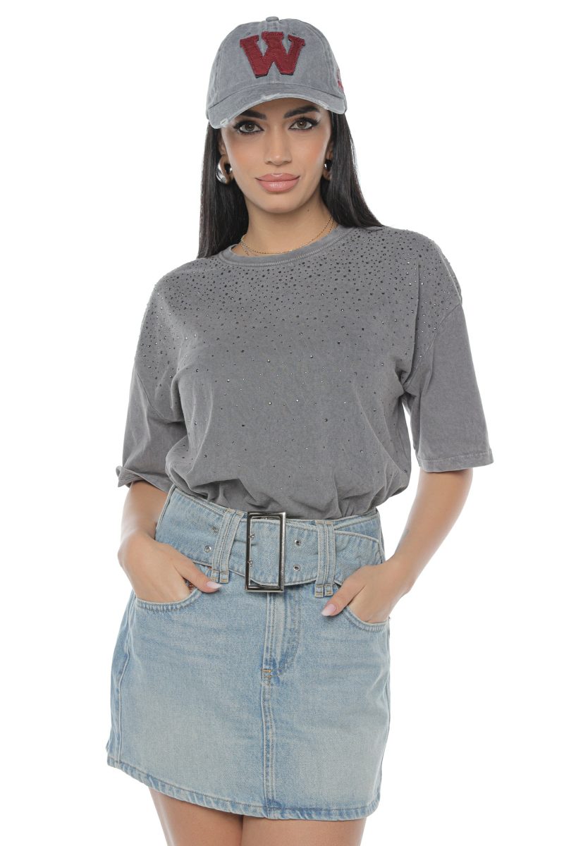 Tricou Damă Gri Deschis cu Pietre Jolly