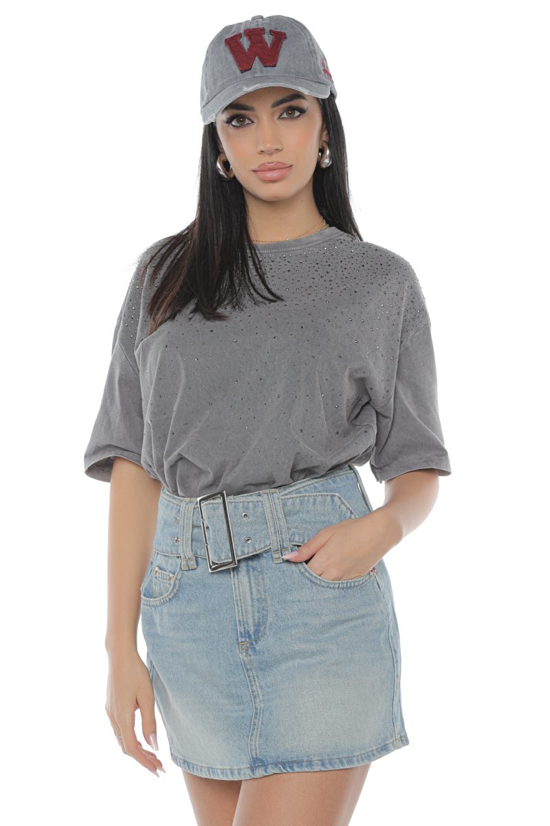 Tricou Damă Gri Deschis cu Pietre Jolly
