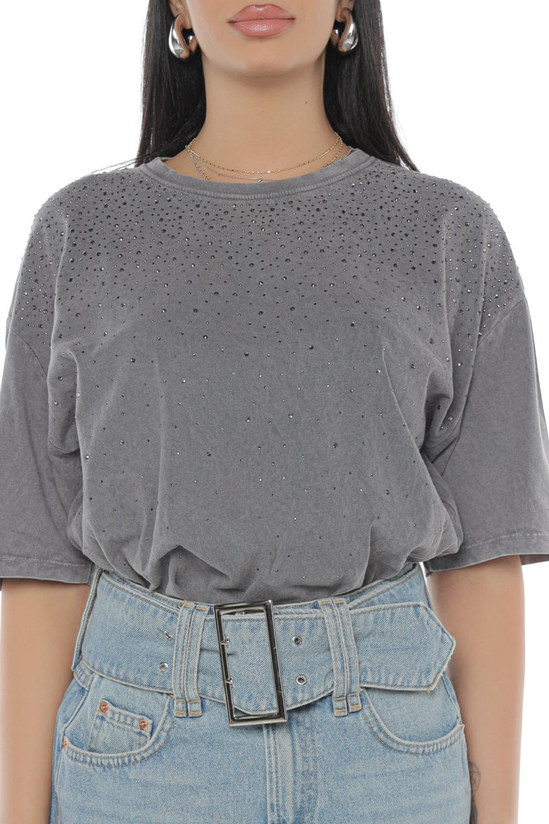 Tricou Damă Gri Deschis cu Pietre Jolly