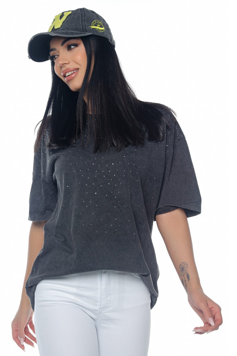 Tricou Damă Gri Închis cu Pietre Jolly