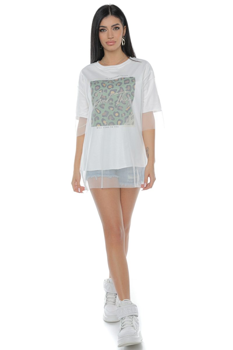 Tricou Damă Plasă Alb cu Imprimeu Tilly