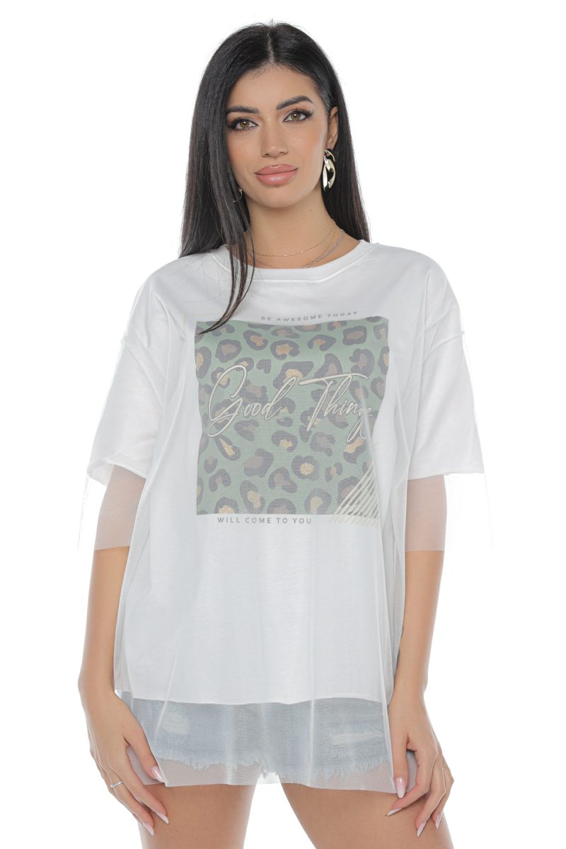 Tricou Damă Plasă Alb cu Imprimeu Tilly