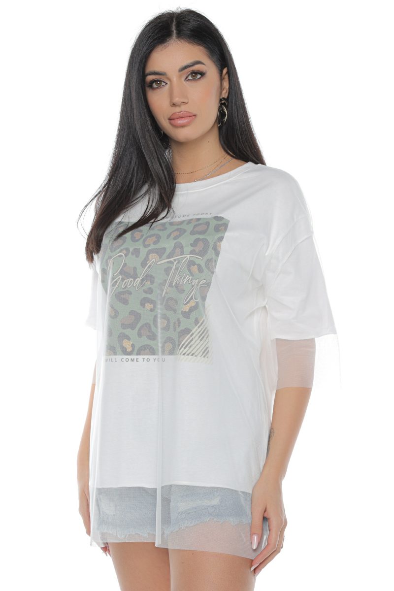 Tricou Damă Plasă Alb cu Imprimeu Tilly